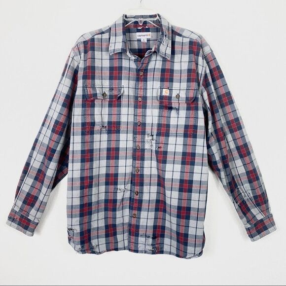 Carhartt Distressed Grey & Red Plaid Long Sleeve Button Up Shirt - Picture 1 of 4